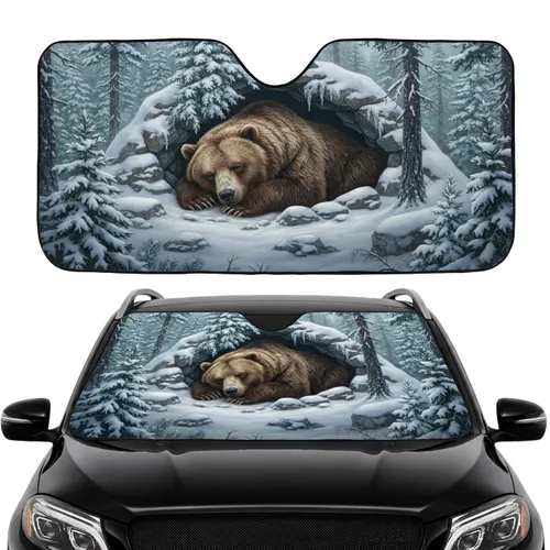 Sleeping Grizzly Bear Snow Cave Pines - Car Interior Upgrade Road Trip Gift Car Sunshade