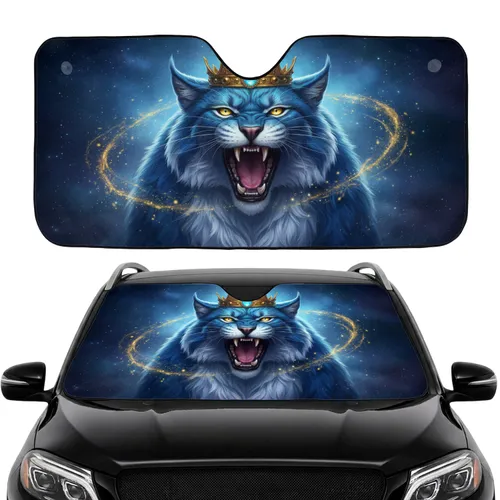 Regal Blue Feline Golden Jewel Crown Roaring Cosmic Backdrop - Car Interior Upgrade Car Sunshade