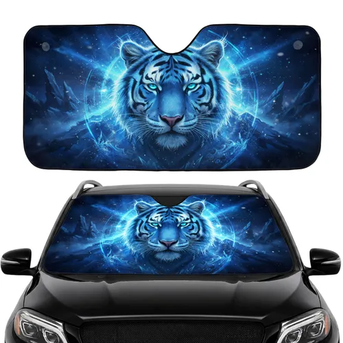 Majestic Blue Tiger Head Glowing Ice Energy Cosmic Nebula Frost - Car Interior Upgrade Car Sunshade