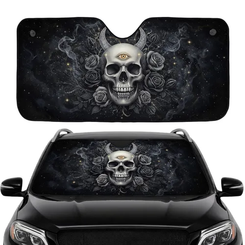 Realistic Skull Third Eye Crescent Moon Roses Cosmic Car Interior Upgrade Car Sunshade