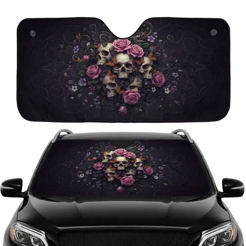 Skulls Pink Roses Butterflies Gothic Foliage Vines - Car Interior Upgrade Car Sunshade