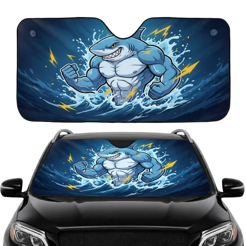 Muscular Cartoon Shark Flexing Arms Ocean Waves Energy Streaks - Car Interior Upgrade Car Sunshade