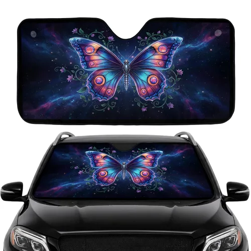 Majestic Iridescent Butterfly Flowering Vines Cosmic Night Sky Road Trip Accessory Car Sunshade
