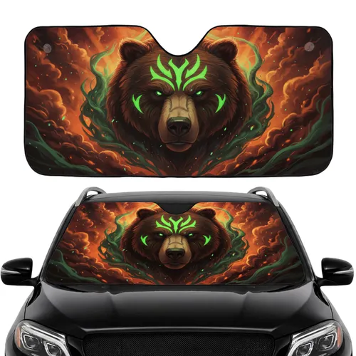 Determined Tribal Bear Head Glowing Green - Commute Accessory Bear Lover Gift Car Sunshade