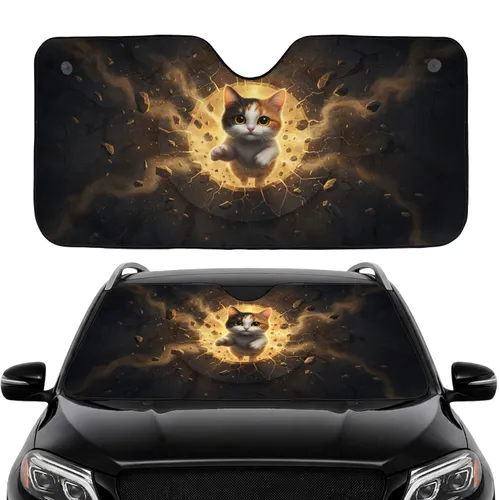 Calico Cat Emerging Glowing Cracked Stone Car Interior Upgrade Car Sunshade