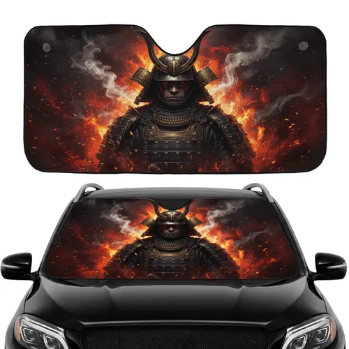 Stoic Samurai Warrior Gold Armor Glowing Red Eyes Fiery Inferno - Car Interior Upgrade Car Sunshade
