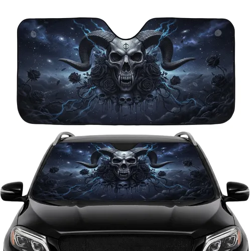 Demonic Skull Ram Horns Black Roses - Car Interior Upgrade Car Sunshade