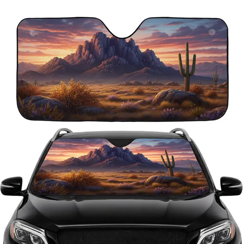 Saguaro Cactus Desert Mountain Sunset Landscape - Travel Road Trip Car Accessory Car Sunshade