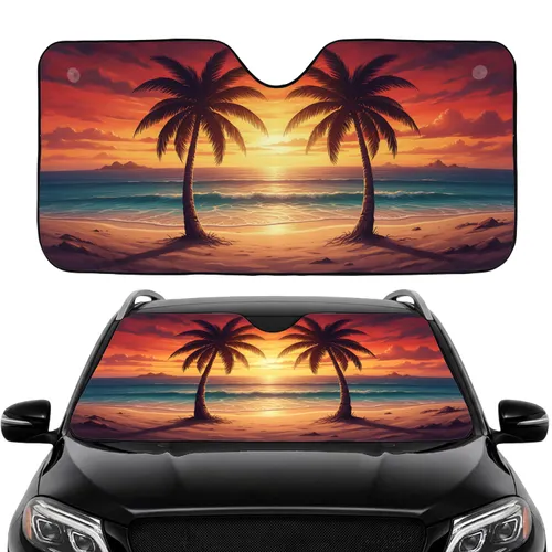 Tropical Sunset Ocean Beach with Majestic Silhouetted Palm Trees - Road Trip Accessory Car Sunshade