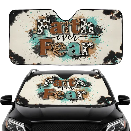 Faith Over Fear Cowhide Leopard Cross - Car Interior Upgrade for Christian Drivers Car Sunshade