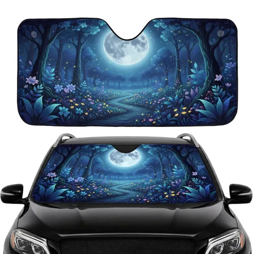 Full Moon Mystical Forest Path Luminous Wildflowers - Car Interior Upgrade Car Sunshade