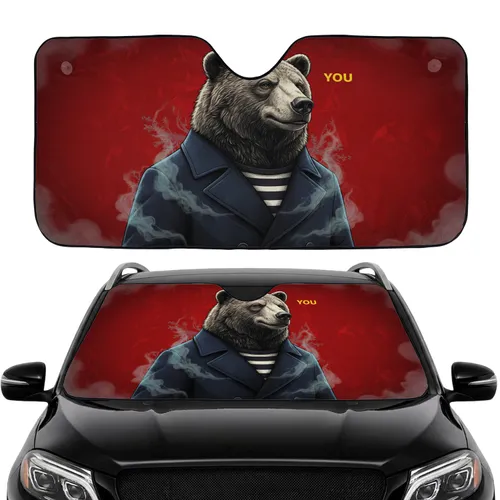Bear Navy Peacoat White Stripes Vibrant Yellow YOU Text Crimson Red - Car Interior Upgrade Car Sunshade