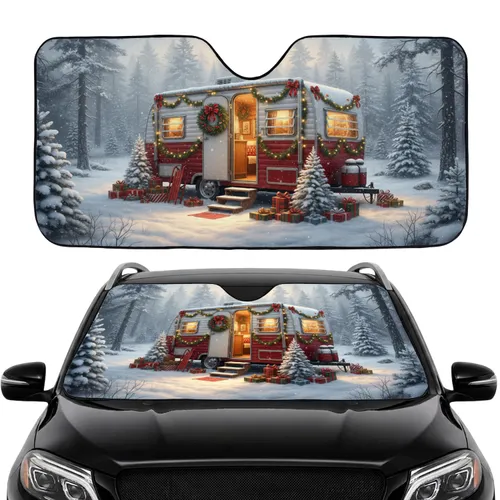 Vintage Christmas Travel Trailer Snowy Forest - Holiday Road Trip Gift Car Sunshade