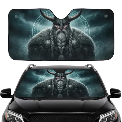 Viking Warrior Horned Helmet Norse Runes Braided Beard - Car Interior Upgrade Car Sunshade