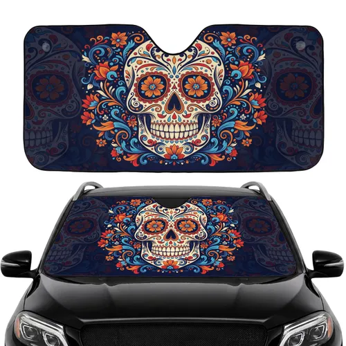 Calavera Sugar Skull Floral Day of the Dead - Car Travel Essentials Road Trip Gift Car Sunshade