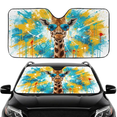Electric Blue Golden Yellow Giraffe Sunglasses Paint Splatter - Travel Essentials Gift Car Sunshade