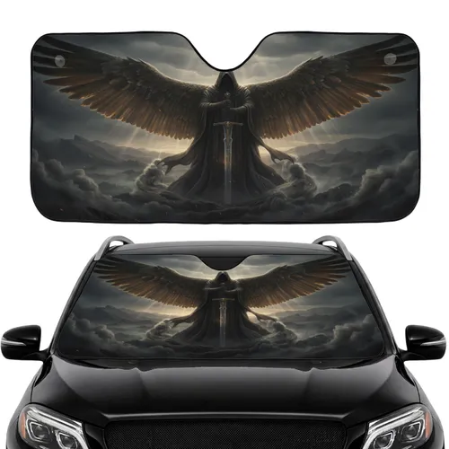 Majestic Hooded Winged Figure Ornate Sword Ethereal Landscape - Car Interior Upgrade Car Sunshade