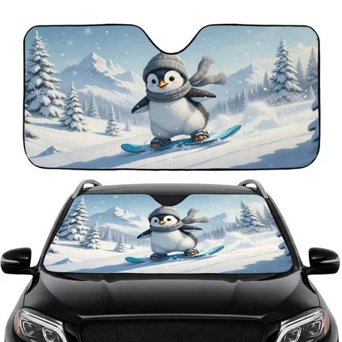 Fluffy Penguin Snowboarding Winter Wonderland - Winter Road Trip Essentials Car Sunshade