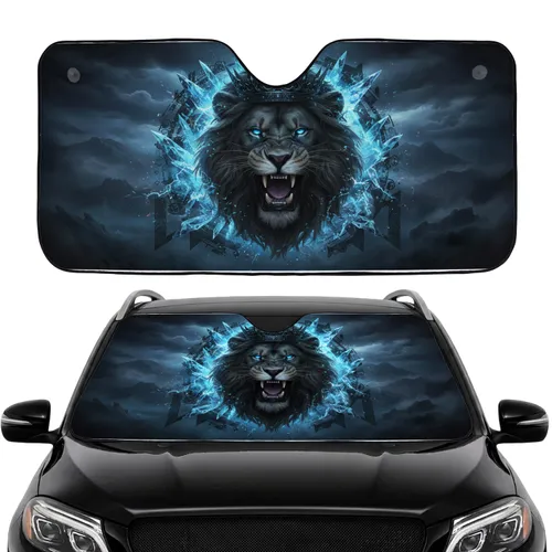 Roaring Black Lion Electric Blue Eyes Crowned - Car Interior Upgrade Car Sunshade