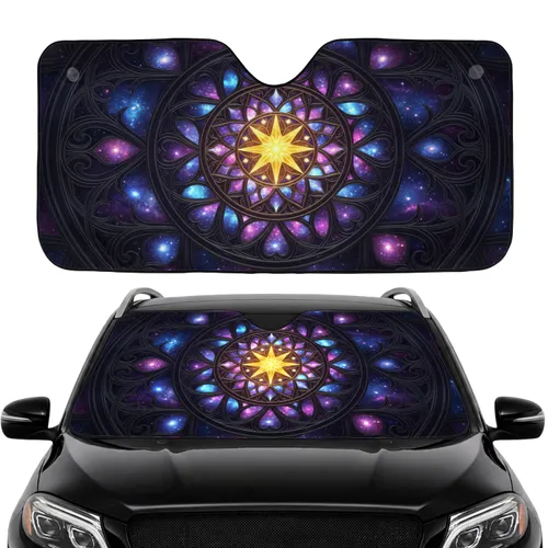 Ornate Gothic Stained Glass Golden Star Galaxy Cosmic Nebula - Car Interior Upgrade Car Sunshade