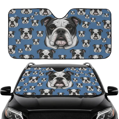 Black White English Bulldog Heads Dusty Blue Car Interior Upgrade for Bulldog Lover Car Sunshade