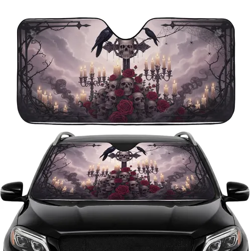 Dark Gothic Skull Cross Raven Rose Candles Spiderwebs - Car Interior Upgrade Car Sunshade