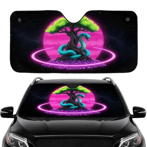 Ancient Tree Turquoise Serpent Cosmic Neon Glow - Car Interior Travel Gift Car Sunshade