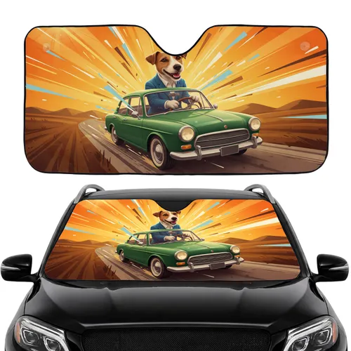Joyful Jack Russell Driving Vintage Car - Road Trip Gift for Dog Lover Car Sunshade