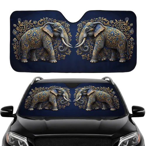 Mirrored Indian Elephants Golden Floral Vines - Car Interior Upgrade Car Sunshade