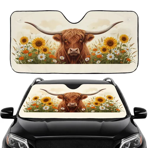 Highland Cow Wildflower Meadow - Car Interior Upgrade for Cow Lover Car Sunshade