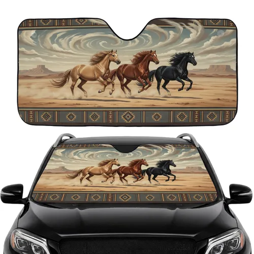 Three Wild Horses Galloping Desert Landscape Road Trip Gift - Horse Lover Car Sunshade