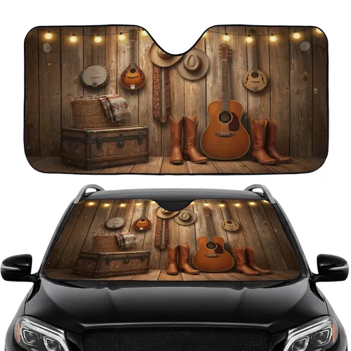 Rustic Western Cowboy Hats Guitar Boots Scene - Car Interior Upgrade Car Sunshade