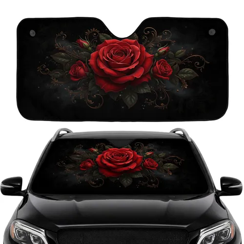 Red Rose Bloom Ornate Foliage Swirling Mist - Car Interior Upgrade Car Sunshade