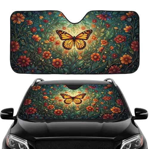 Monarch Butterfly Stained Glass Floral Mosaic - Commute Accessory Road Trip Gift Car Sunshade