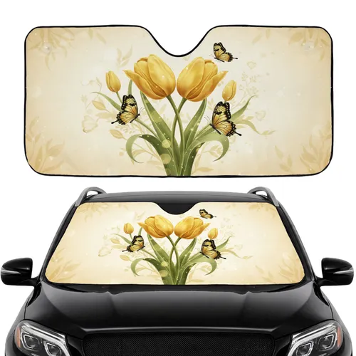 Golden-Yellow Tulips Green Leaves Butterflies Parchment Field - Road Trip Travel Essentials Car Sunshade