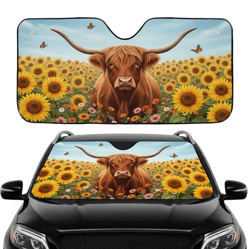 Highland Cow Sunflower Meadow Butterflies Road Trip Gift for Cow Lover Car Sunshade