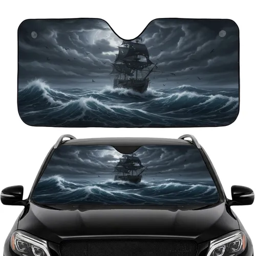 Derelict Galleon Ghost Ship Stormy Sea Moonlit Sky - Car Interior Upgrade Car Sunshade