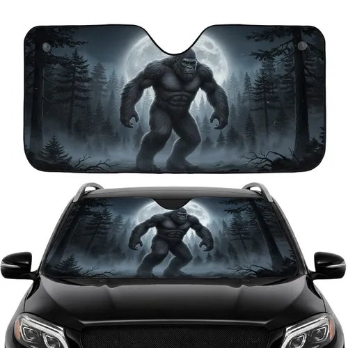 Bigfoot Striding Massive Full Moon Ancient Pine Forest Fog - Road Trip Gift Car Sunshade
