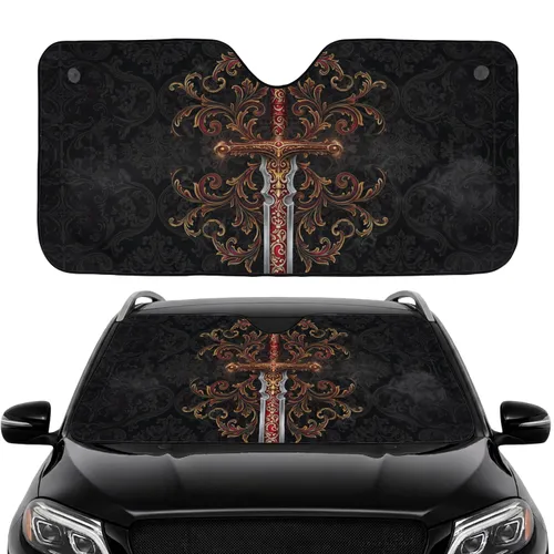 Crimson Hilt Gold Filigree Medieval Fantasy Sword - Car Interior Upgrade Car Sunshade