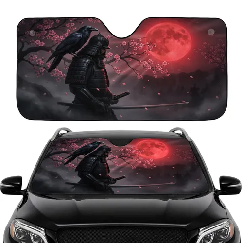 Japanese Samurai Warrior Crow Red Moon Cherry Blossoms Car Interior Upgrade Car Sunshade
