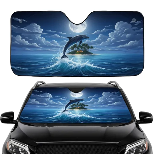 Majestic Dolphin Leaping Tropical Island Full Moon Night Sky - Car Interior Upgrade Car Sunshade