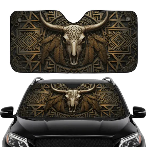 Carved Bull Skull Tribal Horns Feathers Southwestern Mandala Car Interior Upgrade Car Sunshade