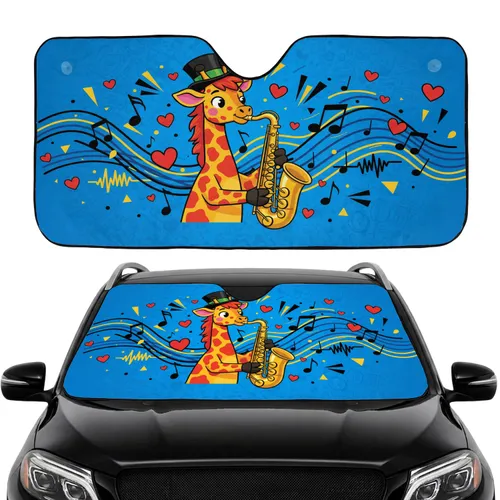 Giraffe Saxophone Top Hat Jazz Music Notes - Car Interior Upgrade Jazz Lover Gift Car Sunshade