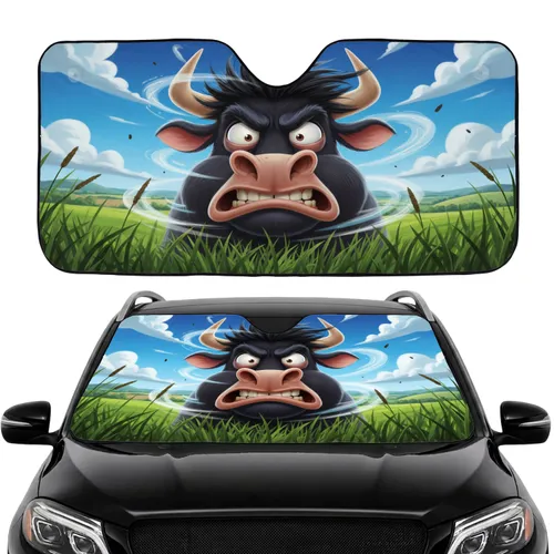 Comically Stressed Bull Head Pastoral Landscape - Car Interior Upgrade Gift Car Sunshade