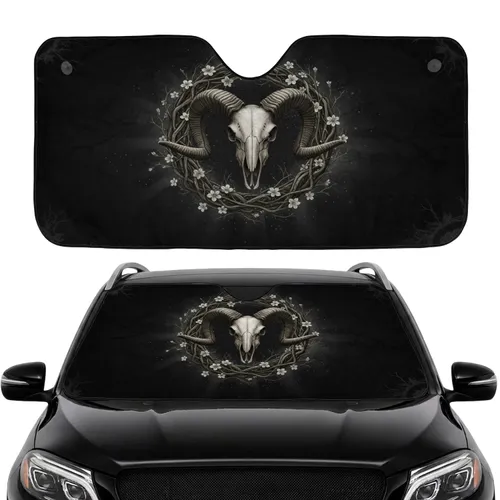 Ram Skull Spiraling Horns White Flowers Gnarled Branches Ancient Forest - Car Interior Upgrade Car Sunshade