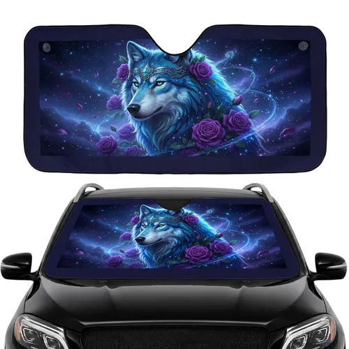 Majestic Blue Wolf Purple Roses Cosmic Starry Night - Auto Interior Upgrade for Wolf Lovers Car Sunshade