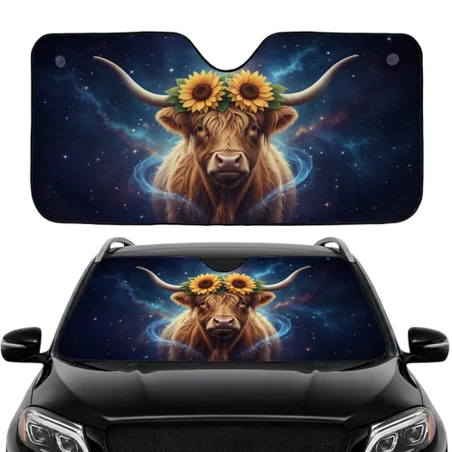 Highland Cow Sunflowers Crown Starry Night - Road Trip Gift for Cow Lover Car Sunshade