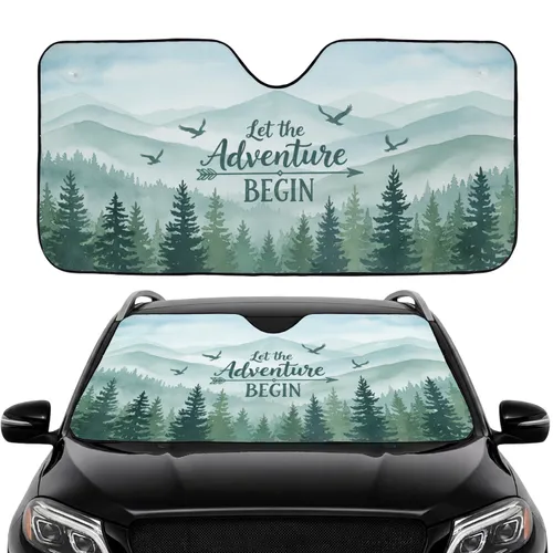 Evergreen Forest Mountain Range Soaring Birds Adventure Text - Road Trip Gift Car Sunshade