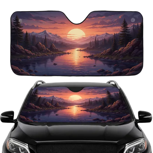 Tranquil River Pine Forest Sunset Mountain Landscape - Car Interior Upgrade Car Sunshade