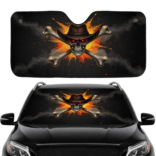 Menacing Skull Cowboy Hat Fiery Explosions - Car Interior Upgrade Road Trip Car Sunshade